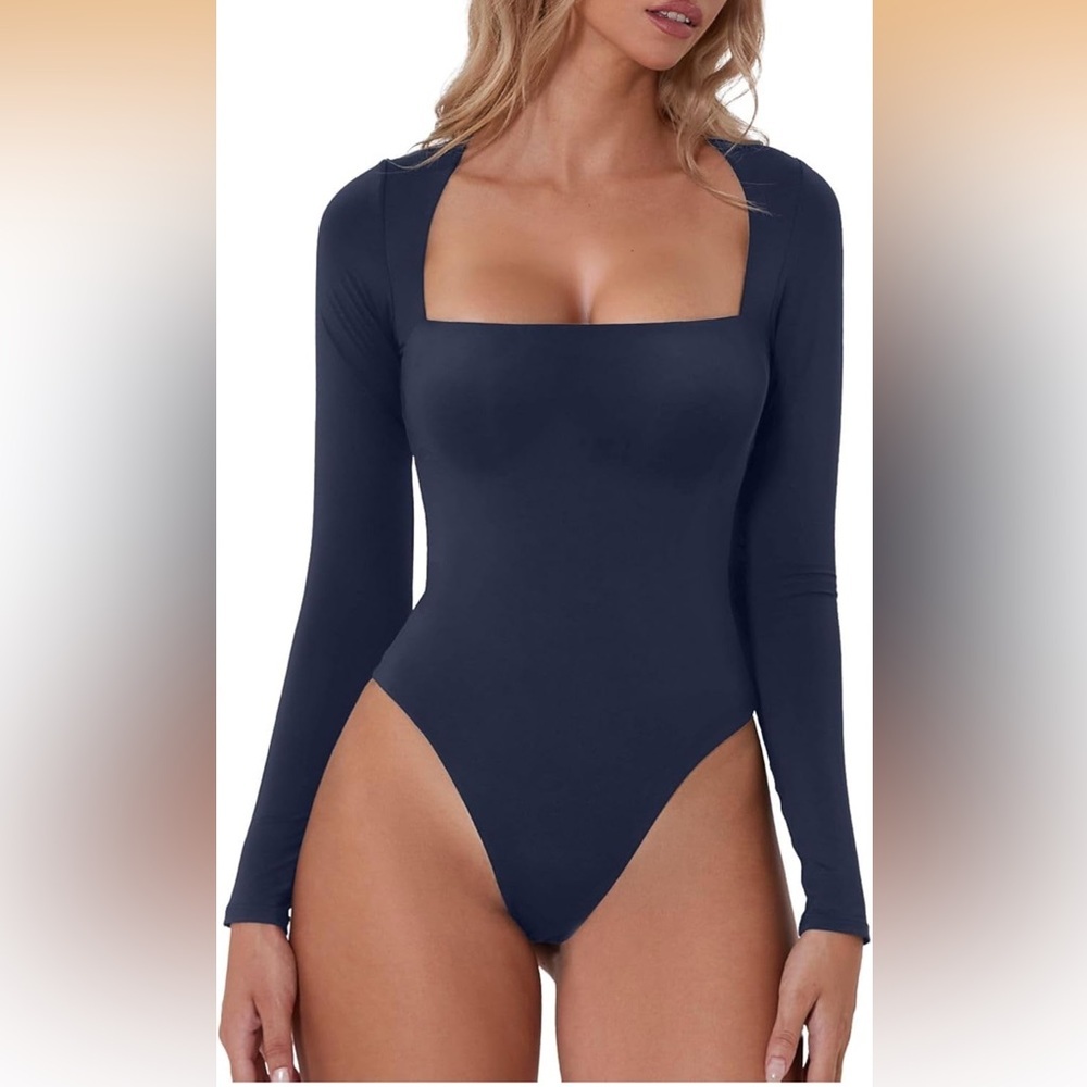 Womens Sexy Square Neck Bodysuit Long Sleeve Double Lined Shirt Tops NWT Size XS